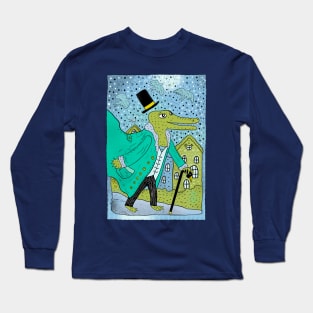 Cute green crocodile character in black top hat and tie Long Sleeve T-Shirt